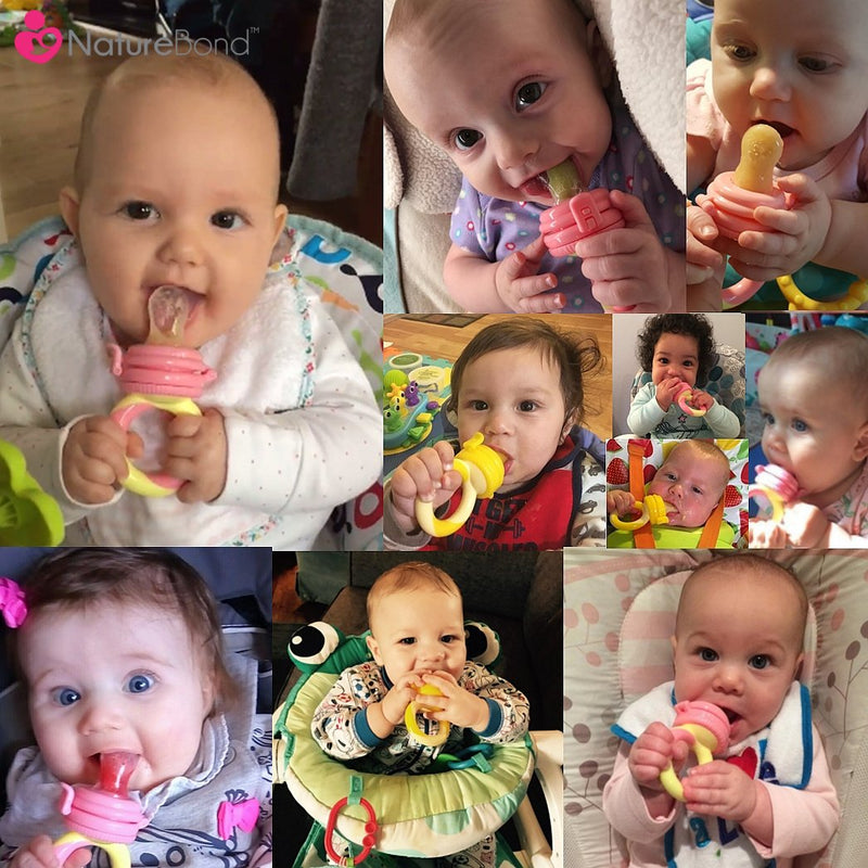[Australia] - NatureBond Baby Food Feeder/Fruit Feeder Pacifier Nibbler (2 Pack) - Infant Teething Toy Teether Weaning in Appetizing Colors | + Additional Silicone Sacs Peach Pink and Lemonade Yellow 