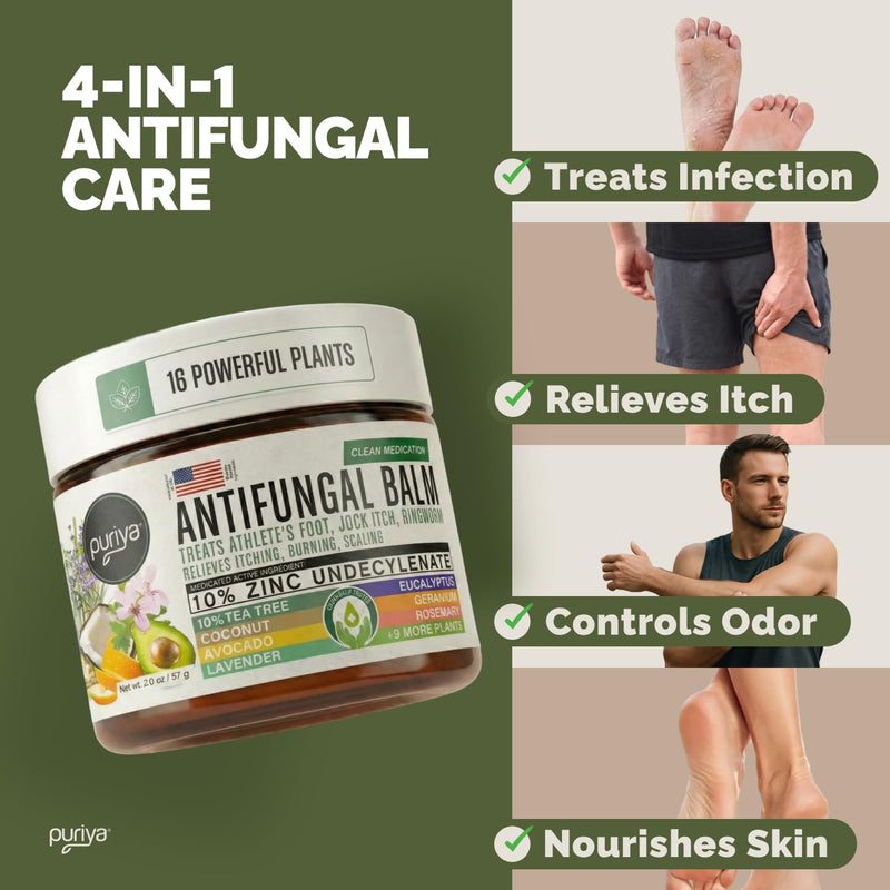 Puriya Antifungal Balm, Athlete's Foot, Jock Itch, Ringworm Treatment, 2 oz | Clinically Proven, Concentrated, Antifungal Cream, Relieves Itching, Burning, Cracking, Treats & Hydrates Skin, Plant-Powered