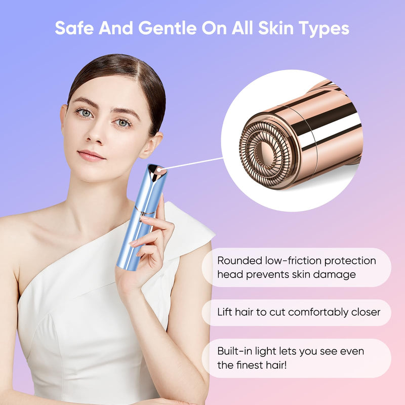 Facial Hair Remover for Women- as Seen on TV Painless Face Shaver -Mini Hair Remover, Electric Razor Shaver Portable Bikini Epilator for Lips, Chin, Armpit, Peach Fuzz, Fingers, Neck, Cheek Blue+2 Heads