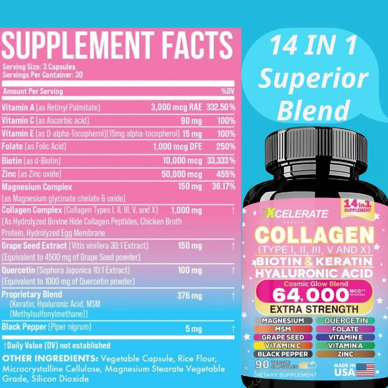 14 In 1 Collagen Blend Supplement - Peptides Types l II III V X Biotin Keratin Hyaluronic Acid Folate Zinc Quercetin Apple Cider Vinegar Magnesium Grape Seed Extract Hair Skin Nail Health Support