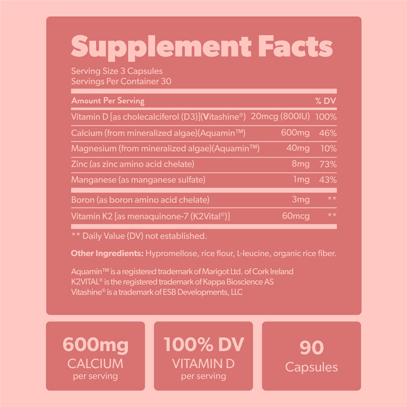 [Australia] - Calcium Supplement - Whole Food with Vitamin K2 & D3, Magnesium, Zinc, Boron, Mineral Complex. Sourced Sustainably from Red Algae. for Bone Strength and Support. Non-GMO & Vegan 90 Capsules. 