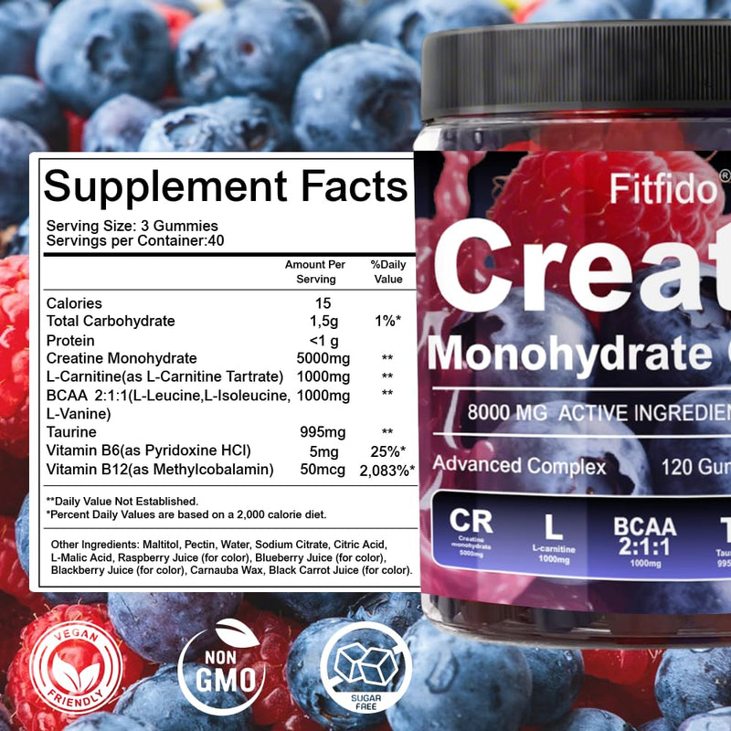 [Australia] - Creatine Monohydrate Gummies Complex 8000mg for Men and Women, Containing L-carnitine & Taurine, Build Muscle, Boost Energy, Faster Recovery, Sugar Free & Vegan, Raspberry & Blackberry, 120 Count 