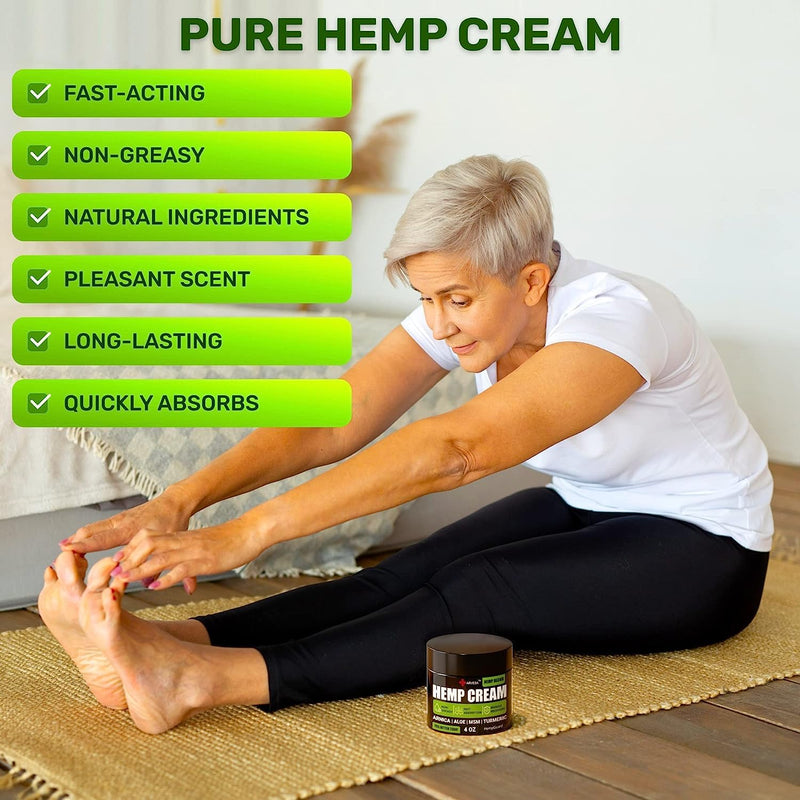 Natural Hemp Cream for Muscles, Joints, Back, Knees, Neck, Fingers, Elbows - High Strength Hemp Oil Extract with Arnica, Emu Oil, Turmeric - Made in The USA