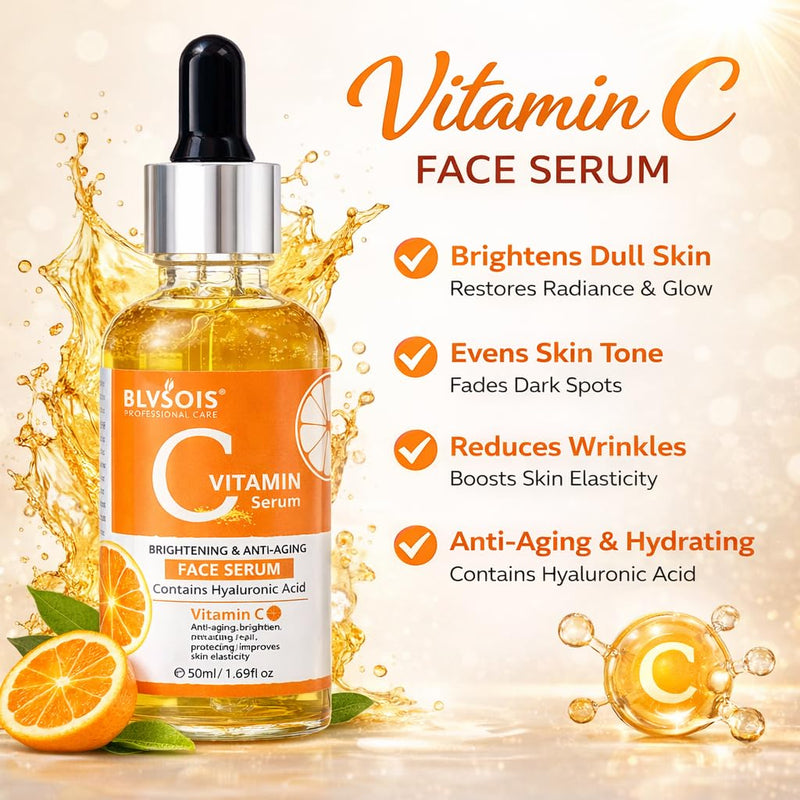 Vitamin C Serum For Face – Anti Aging Formula with Vitamin C, Hyaluronic Acid, Vitamin E – Brightening Serum – Improve Appearance of Dark Spots, Tone, Fine Lines & Wrinkles, Orange 1.69 Fl Oz (Pack of 1)