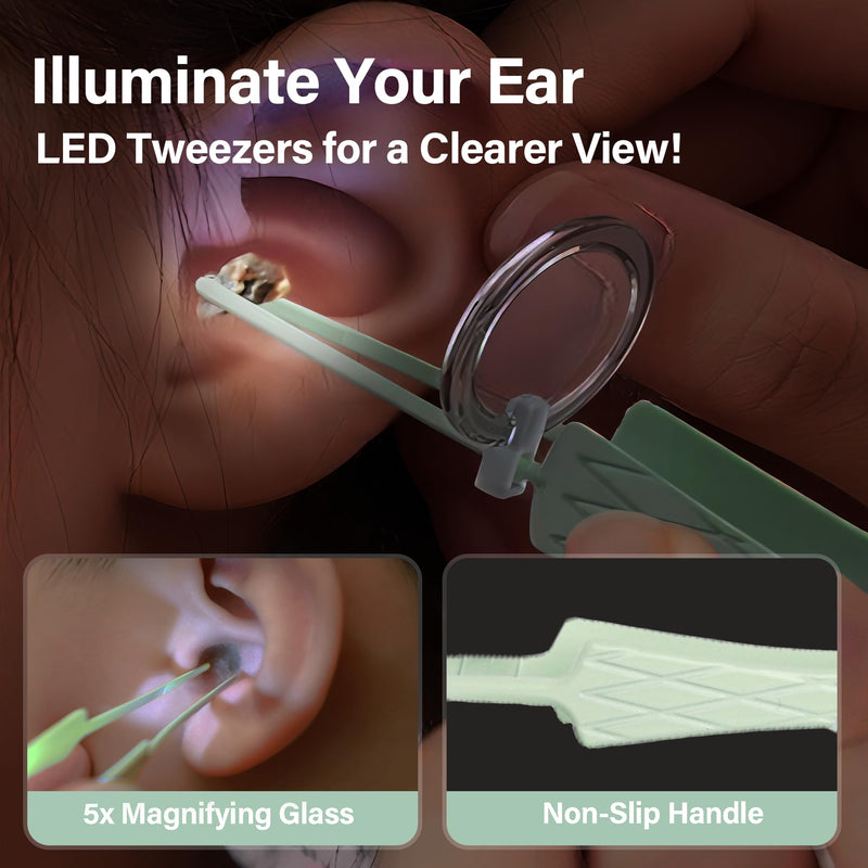 [Australia] - 15 Pack Ear Wax Removal Tool Kit with Light - LED Ear Cleaning Kit, Ear Wax Removal for Kids and Adults, Ear Cleaning Tool, Ear Picker Spoon & Ear Tweezers & Spiral Spring Ear Spoon Green 