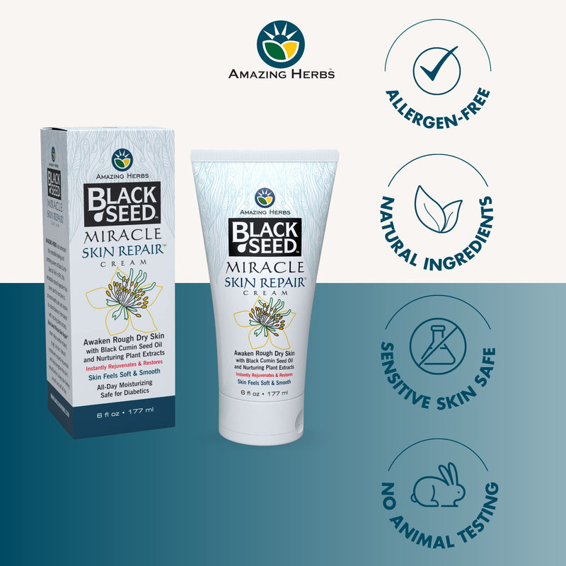 Amazing Herbs Black Seed Miracle Skin Repair Cream Non-Allergenic - 6 Fl Oz | Black Cumin Seed Oil, Vitamin E, & Plant Extracts, Supports Collagen & Elastin Production for Men & Women