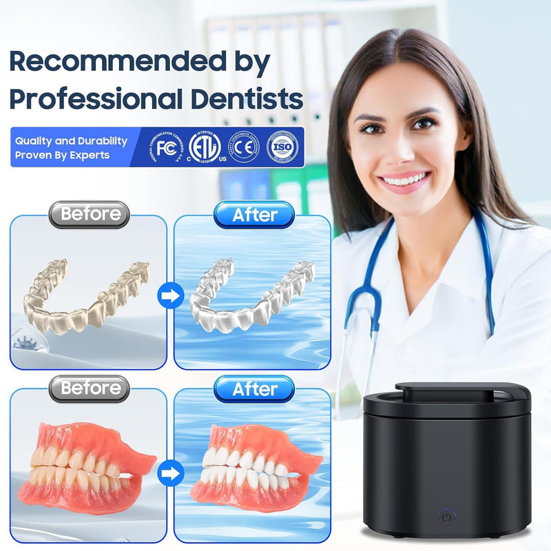 [Australia] - Ultrasonic Retainer Cleaner Machine for Denture: 45000Hz Portable Sonic Dental Cleaning Pod for Mouth Guard 45kHz Black 