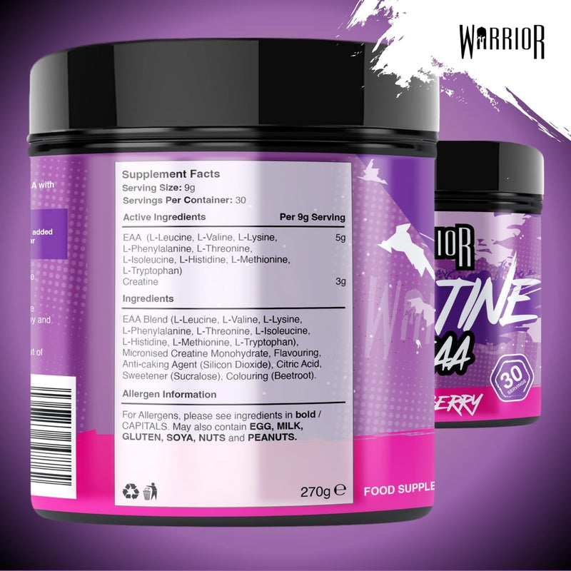 Warrior Creatine Monohydrate Powder + EAA 270g (30 Servings) – Pure Creatine with Essential Amino Acid Supplements for Muscle Recovery & Growth, Pre & Post Workout for Men & Women – Mixed Berry