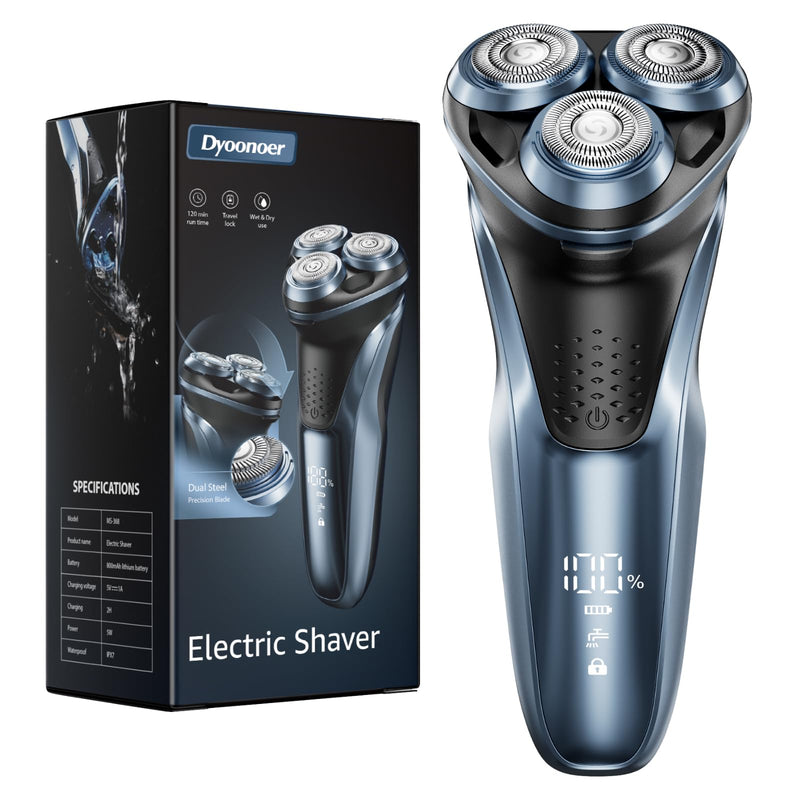 [Australia] - Men's Electric Shaver, Dyoonoer Men's Electric Shaver, IPX7 Waterproof Wet and Dry Rechargeable Beard Razor with Fold-Out Trimmer and Travel Lock Blue 