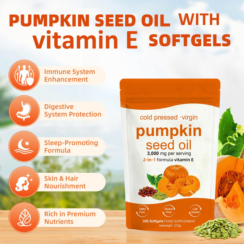 Pumpkin Seed Oil Capsules - 300 Softgels | 3000mg Per Serving, Cold Pressed Virgin Pumpkin Oil, Rich in Omega 6, Omega 9, Supports Hair Growth, Skin Health, Prostate & Bladder Function | Vegan,Non-GMO
