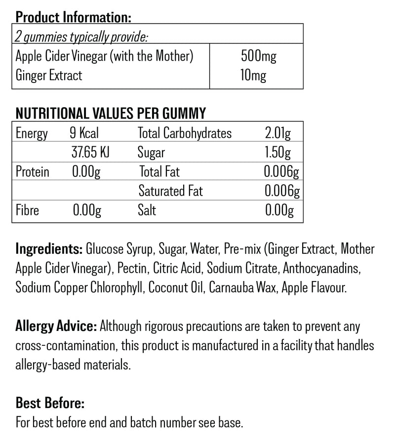 Apple Cider Vinegar Gummies with Ginger – Natural Apple Flavour – 120 Chewable Gummies – Detox, Digestion & Weight Management Support
