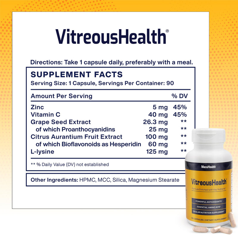 Macuhealth VitreousHealth Evidence-Based Eye Supplement - Ocular Nutrition | 90 capsules, with Zinc, Grape Seed Extract, with Citrus Aurantium Fruit Extract, L-lysine - Promotes Clearer Vision 90 Count (Pack of 1)