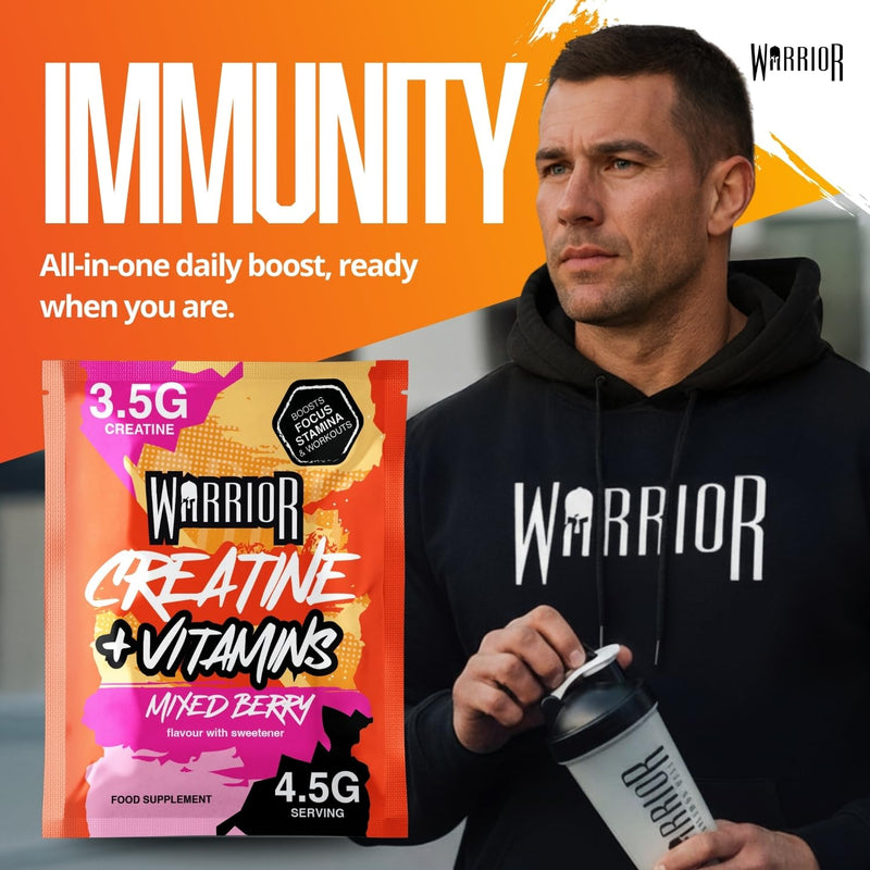 Warrior Creatine Plus Vitamins Sachets, Daily Wellness Drink Mix with 3.5g Creatine and Multivitamin Blend for Energy, Focus, Immunity and Vitality, Zero Sugar Mixed Berry, 15 Sachets