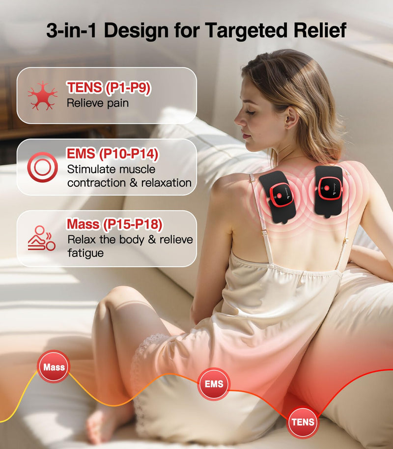 3-in-1 Portable Wireless EMS & Tens Unit Muscle Stimulator for Pain Relief | Dual Receiver Pods, 18 Modes, 20 Intensity Levels & 10-90 Mins Adjustable Timer Remote Control Pulse Physical Electrotherapy