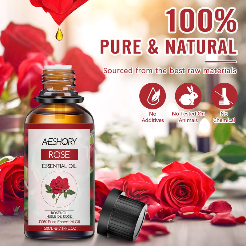 [Australia] - AESHORY Rose Essential Oil 50ml, Rose Essential Oil 100% Pure Natural Aromatherapy Oil in Therapeutic Quality, Fragrance Oils for Diffusers, Skin Care, Hair Care, Massage, Bath 