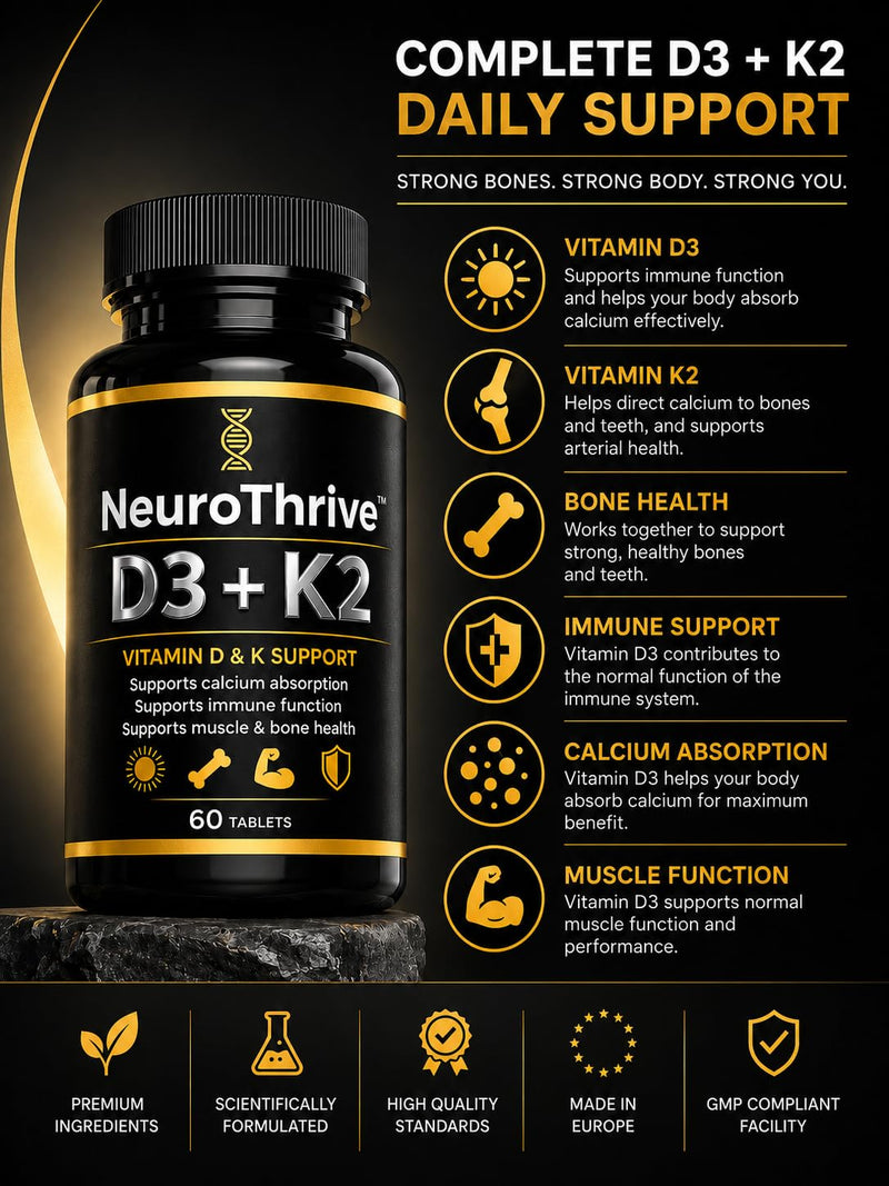D3 + K2 | Vitamin D3 4000 IU + Vitamin K2 100µg | Immune, Bone & Muscle Support | 60 Vegetarian Tablets | 2 Month Supply