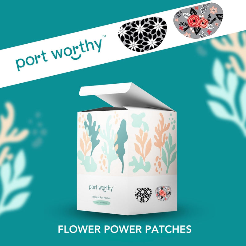 Flower Power Port Cover Patches - Innovative Design & Smart Adhesive Technology - Breathable Fabric, Gentle Adhesives, Fun & Form-Fitting Shape - Cover Treatment Port Patches (48 per Box) Flower Power