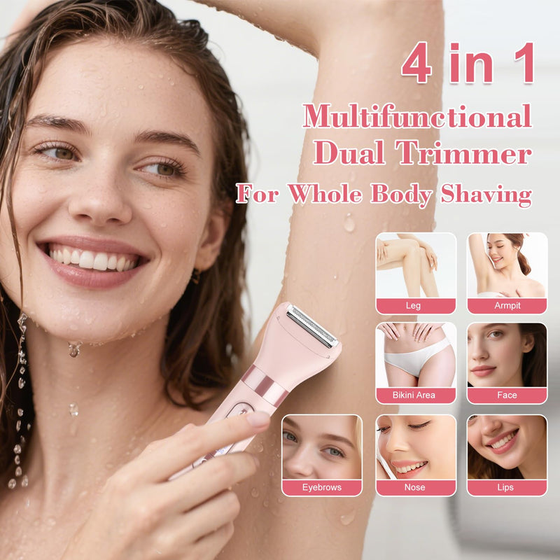 Hatteker 4-in-1 Women's Electric Razor, Dual-Head Body Hair Trimmer for Women, IPX7 Waterproof Rechargeable Bikini Trimmer & Facial Hair Remover for Legs, Armpits, Face, Nose, Eyebrows, Pink