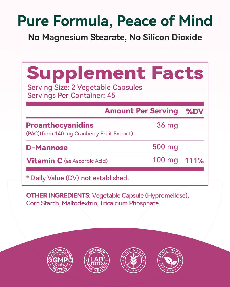 Cranberry Supplement 36 mg PAC with D-Mannose & Vitamin C, Cranberry Pills for Women, Cranberry Capsules, 3-in-1 Daily Urinary Tract Support, Soluble A-Type PACs, Vegan, Gluten-Free, 90 Capsules 90 Count (Pack of 1)