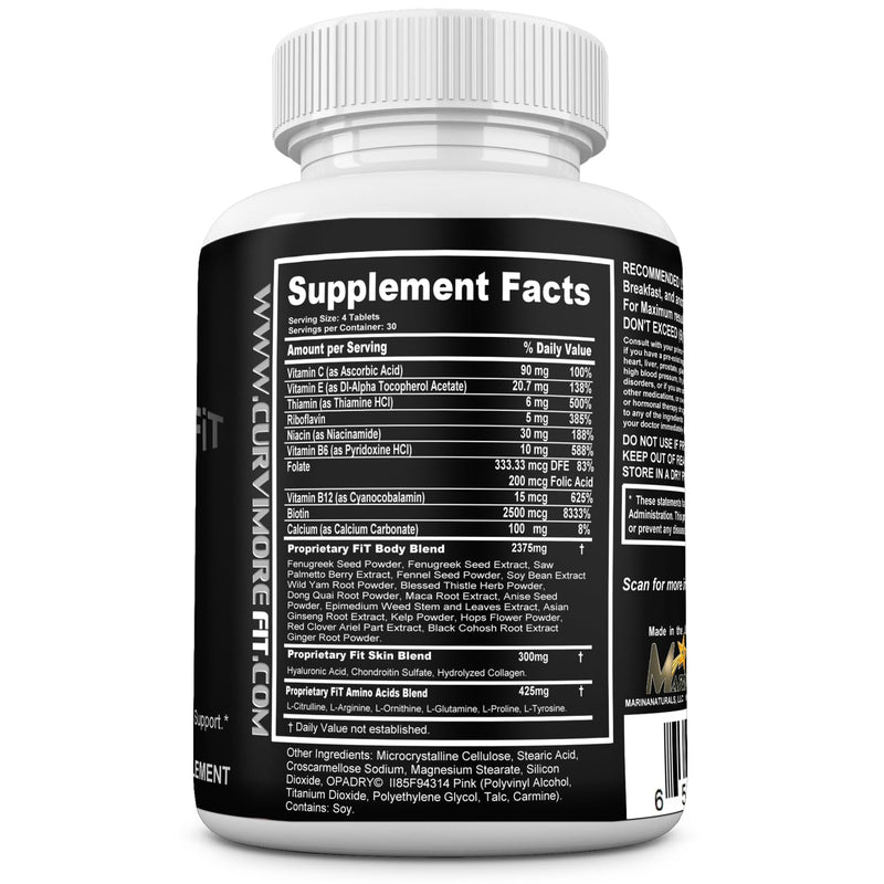 CURVIMORE® FiT Women Supplement. Fast Voluptuous Body. Multivitamins, Mineral, Amino Acids, Herbs, Collagen, Biotin, Hyaluronic Acid, L Glutamine, B-Complex, Maca. Muscled & Curvy Body Gains.