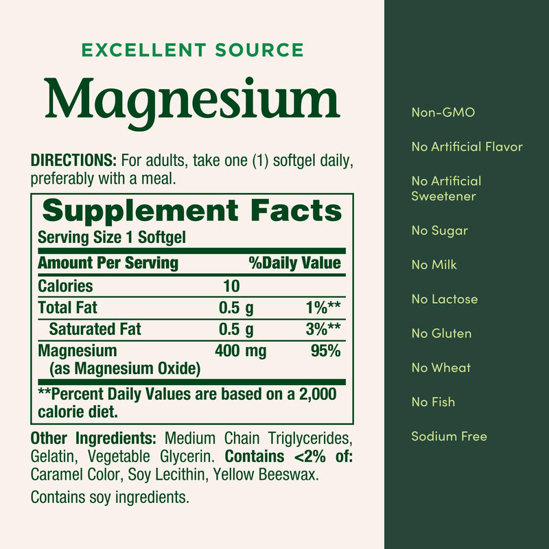 Nature's Bounty Magnesium 400mg Softgel, Whole Body Support, 75 Count