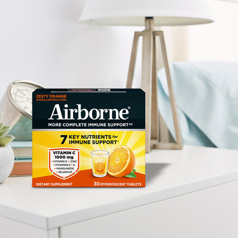 Airborne Immune Support Effervescent Tablets, Zesty Orange Flavor - 30ct with 1000mg Vitamin C + Vitamins A, D, E, Zinc, Selenium, Manganese & Herbal Blend - Sugar‑Free, Gluten‑Free Citrus 30 Count (Pack of 1)