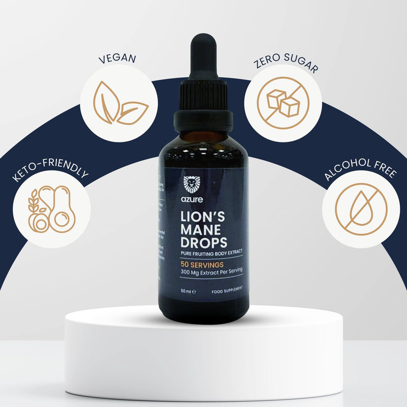 Azure Lion's Mane Drops 10:1 – High-Strength Fruiting Body Extract, Up to 600mg per Day – Alcohol-Free Liquid Supplement for Focus, Memory & Clarity – Vegan Natural Brain Support - 50 ml / 50 Servings