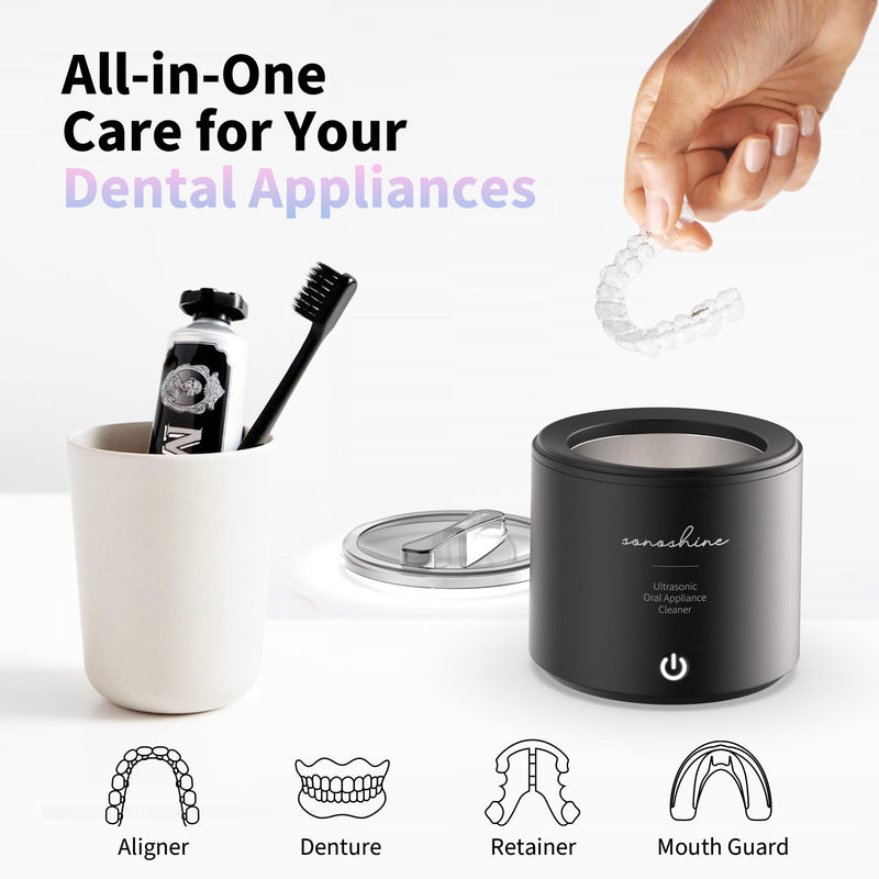 [Australia] - Ultrasonic Retainer Cleaner – Auto-Adjust 39-48kHz Sonic Retainer Cleaner Machine for Aligner, NightGuard, Mouth Guard, Denture & More | Easy & Quiet Black 