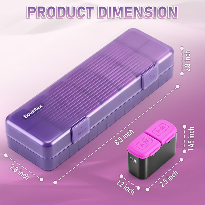 Weekly Pill Organizer 2 Times a Day, Portable AM PM Medicine Box with Large Compartments, Travel Pill Organizer Case, Moisture-Proof Daily Containers for Vitamins, Supplements & Medication (Green) Purple