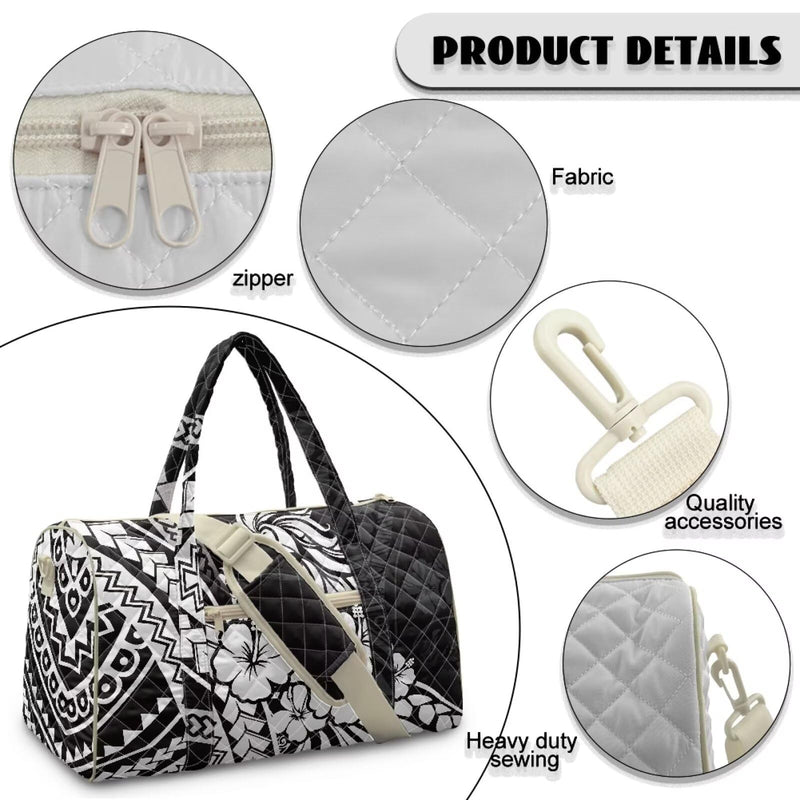 Quilted Travel Duffel Bag Lightweight Weekender Overnight Bag with Zipper Pockets Polynesian Hibiscus Flower Black Print Carry On Luggage Bags for Women Men Gym Bags