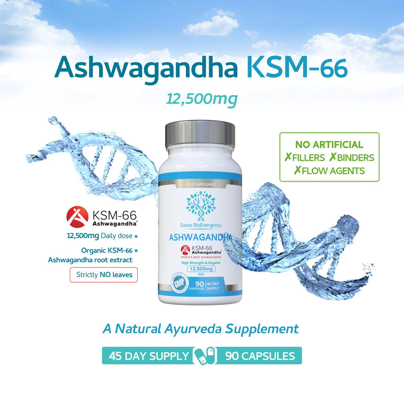 Ashwagandha KSM-66 : 12,500mg Daily Super High Strength Ashwagandha - 5% Withanolides - Equivalent 1000mg Extract - No Artificial Fillers or Binders - Organic Withania Somnifera Root - UK Made