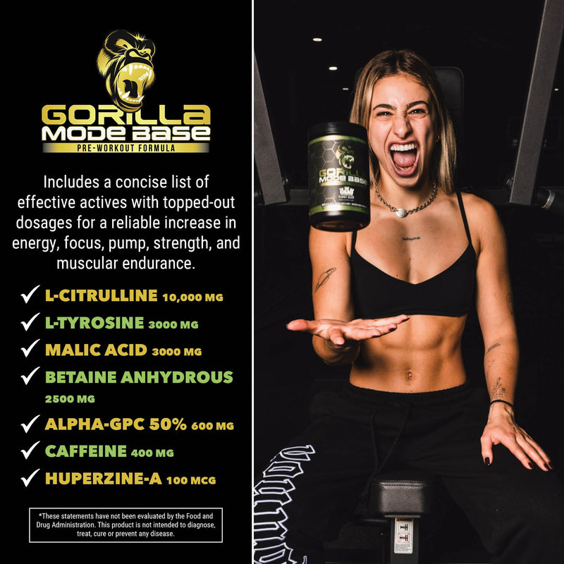 [Australia] - Gorilla Mode Base Pre Workout - Raises Nitric Oxide · Intense Focus & Drive · Endurance · Power - L-Citrulline, L-Tyrosine, Betaine, Alpha-GPC, Caffeine, Huperzine A - 360 Grams (Watermelon) Watermelon 