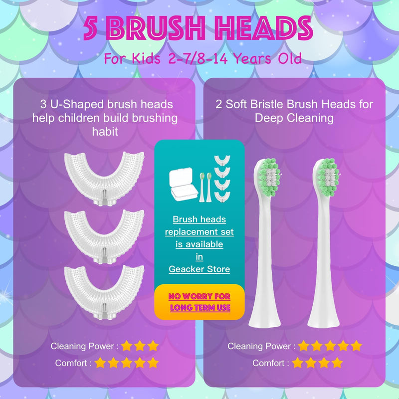 [Australia] - Kids Electric Toothbrush, U Shaped Toothbrush Kids Sonic Automatic Brush with 5 Brush Head 6 Sonic Clean Modes IPX7 Waterproof Mermaid Design Rechargeable Smart Timer for Children 2-7 Mermaid (Ages 2-7) 