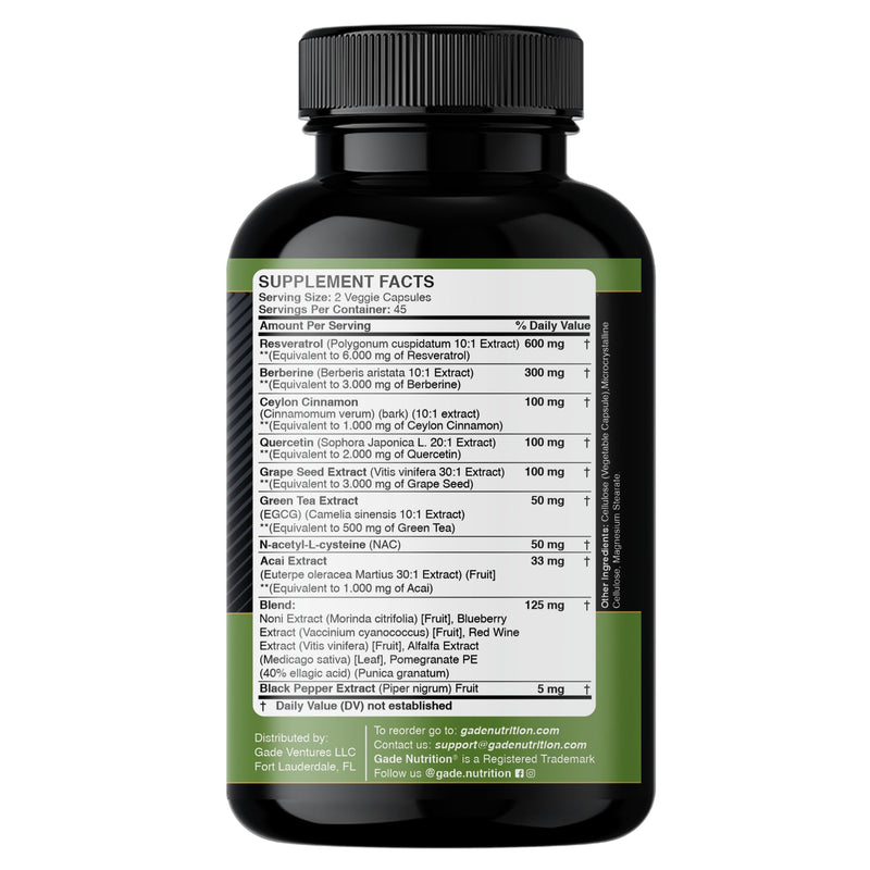 [Australia] - Gade Nutrition Resveratrol Berberine Quercetin Grape Seed Extract Green Tea Extract N-Acetyl Cysteine - 14 in 1 Complex Supplement for Women & Men with Potent Antioxidants - Made in USA 