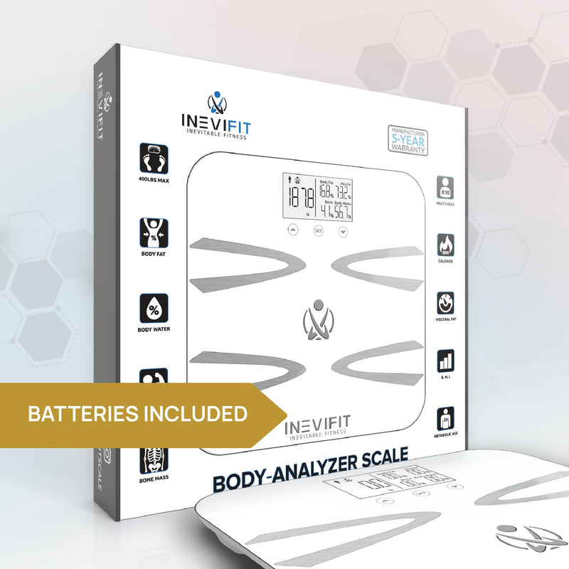 INEVIFIT Body-Analyzer Scale, Highly Accurate Digital Bathroom Body Composition Analyzer, Measures Weight, Body Fat, Water, Muscle, BMI, Visceral Levels & Bone Mass for 10 Users. Includes Batteries White