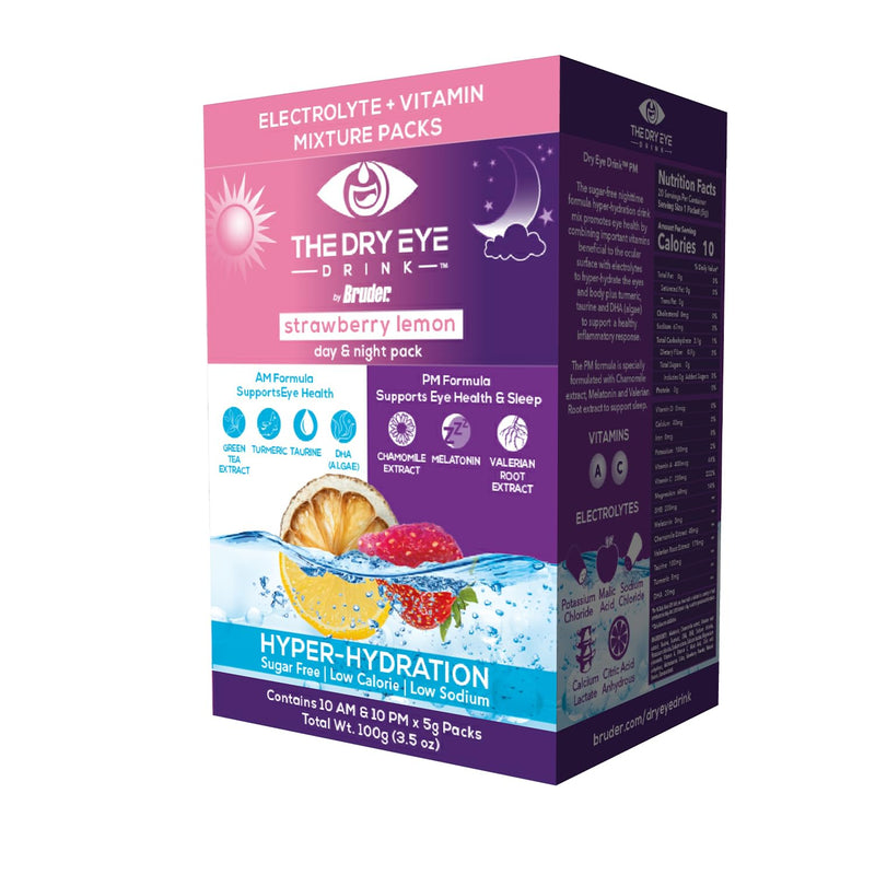 l Ultimate Hydration for Dry Eyes l Sugar-Free Electrolyte Powder Packets l Blended with Vitamins, Green Tea, Turmeric, Taurine, and DHA l 5g x 20 Packets (Strawberry Lemon AM/PM)