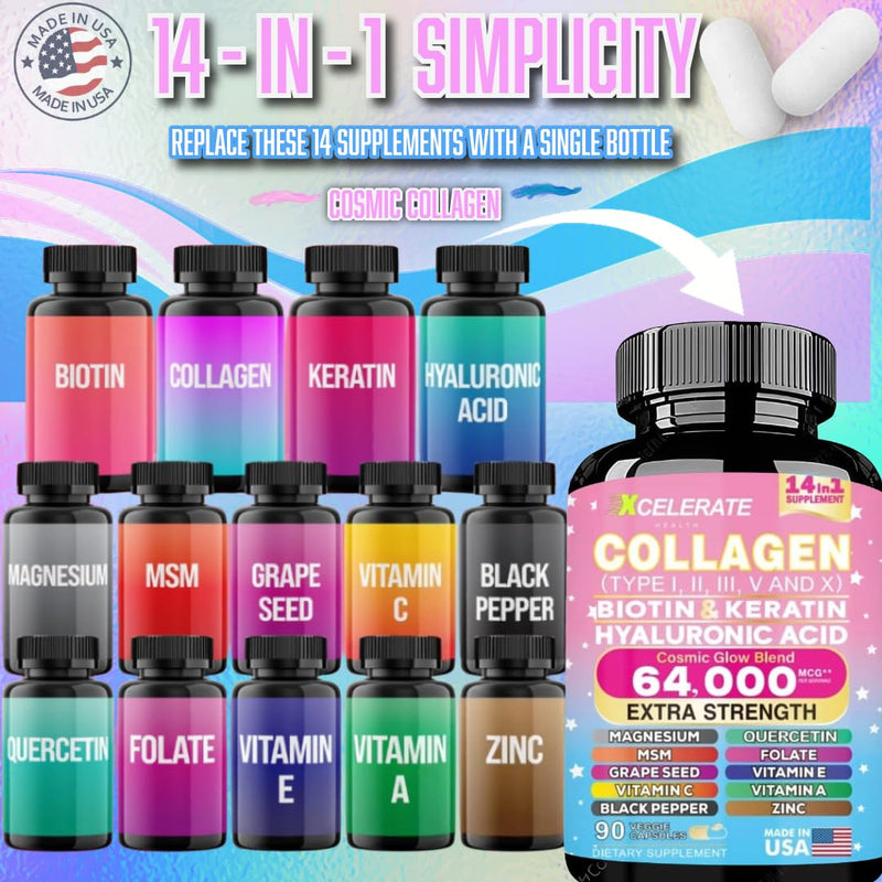 14 In 1 Collagen Blend Supplement - Peptides Types l II III V X Biotin Keratin Hyaluronic Acid Folate Zinc Quercetin Apple Cider Vinegar Magnesium Grape Seed Extract Hair Skin Nail Health Support