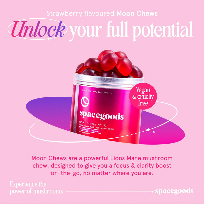 Spacegoods Moon Chews 240g, 30 Servings, Lion's Mane Super Chew, Focus & Clarity Boost, On-The-Go Convenience, Delicious Texture and Taste, Strawberry Flavour