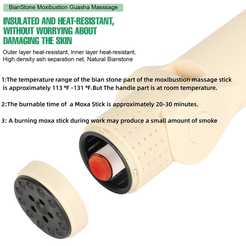 Gua Sha Moxibustion Massage Tool for Body, Portable Multi-Angle Adjustable Bian Stone Moxibustion Stick for Warming Massage Relaxation, Home/Travel/Outdoor Use (Come with 2 Set Moxa Sticks)