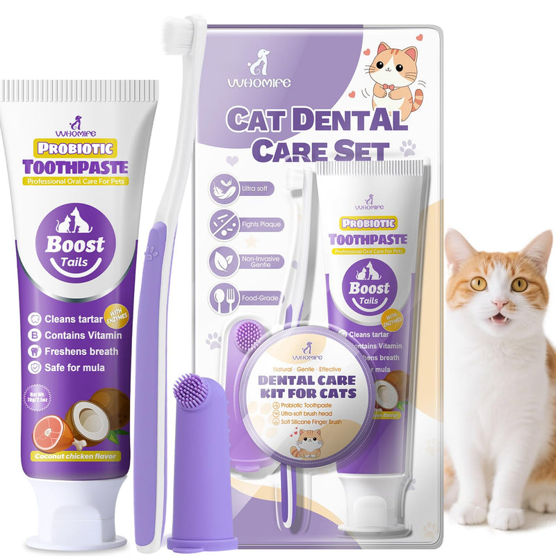 Cat Toothbrush and Toothpaste Kit - Includes Toothpaste (Coconut Chicken 2.5 oz.) Soft Brush, Finger Brush - Provides Safe and Effective Oral Care for Kittens and Adult Cats Coconut Chicken 0.83 Ounce (Pack of 3)