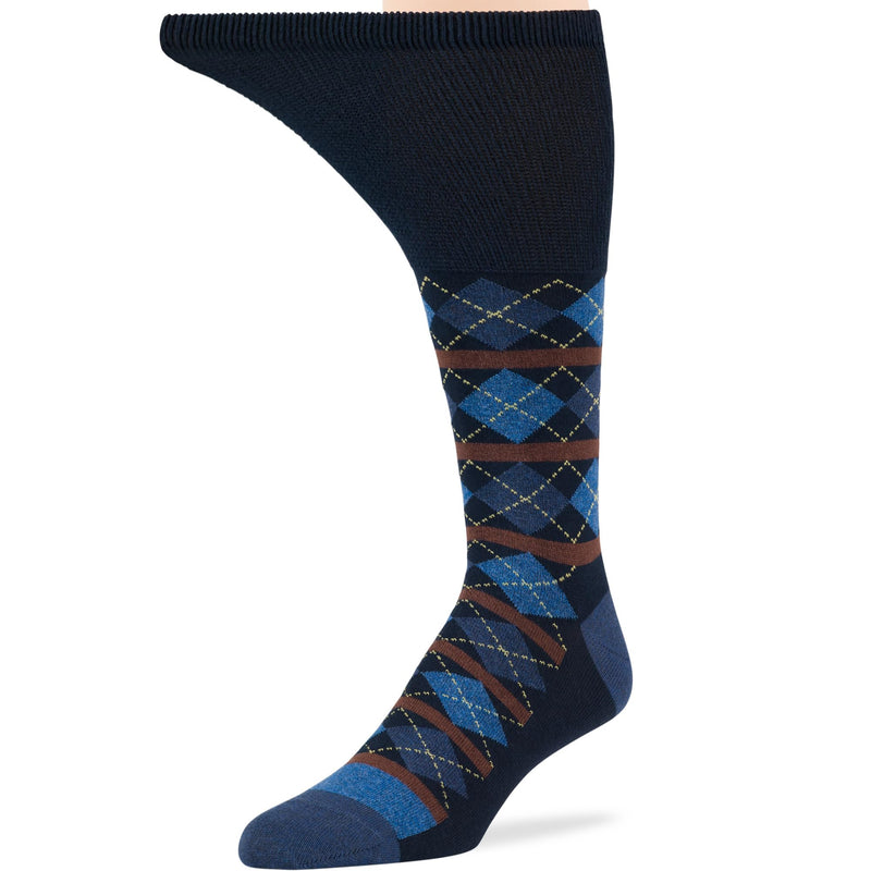 [Australia] - 7BigStars Men Diabetic Loose Dress Business Cotton Mid Calf Socks - 5 Pack Large - Geometric, Argyle, Stripe - Sock Size 10-13 Shoe Size 9-12 L Dark Navy, Denim Blue Dark Navy, Denim Blue (A098) 