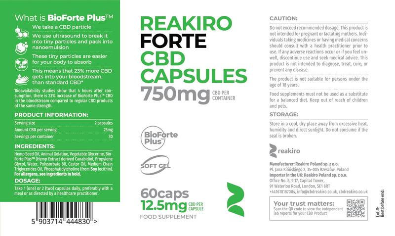 Reakiro Forte CBD Soft Gel Capsules 750mg 60pcs | Fast-Acting CBD Capsules with BioForte Plus | 12mg Cannabidiol Oil per Capsule I High Strength | Stress & Anxiety Relief