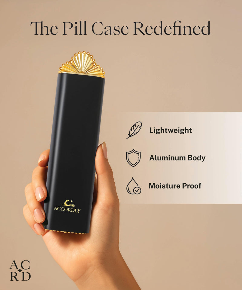 Premium Weekly Pill Organizer, 7-Day Compact Pill Case for Purse, Lightweight Gold Aluminum Pill Box for Vitamins, Medicine, Supplements, Luxury Wellness Gift Obsidian Noir (Black)