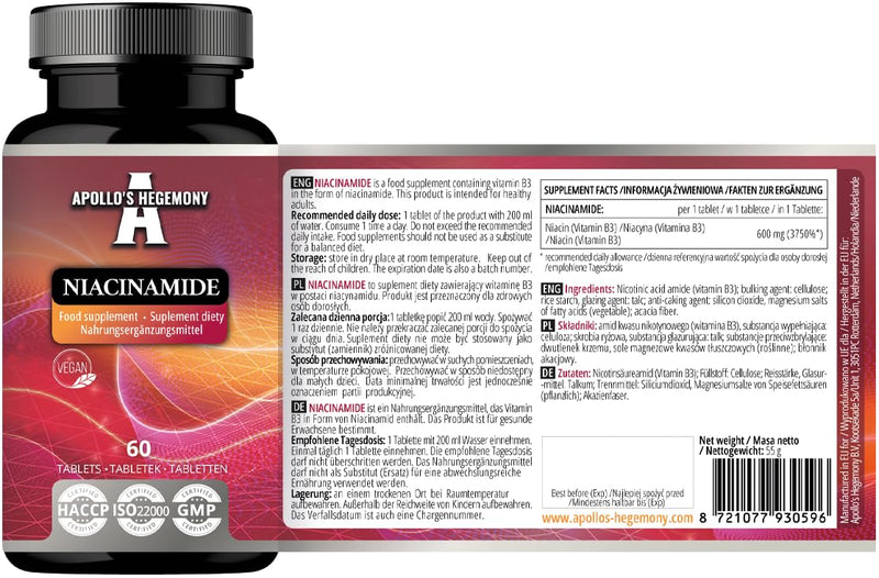Niacinamide 500 mg per Tablet - 60 Vegan Tablets - 2 Month Supply - Supports Energy and Nerve Function - Vitamin B3 Diet Supplement - by Apollo's Hegemony