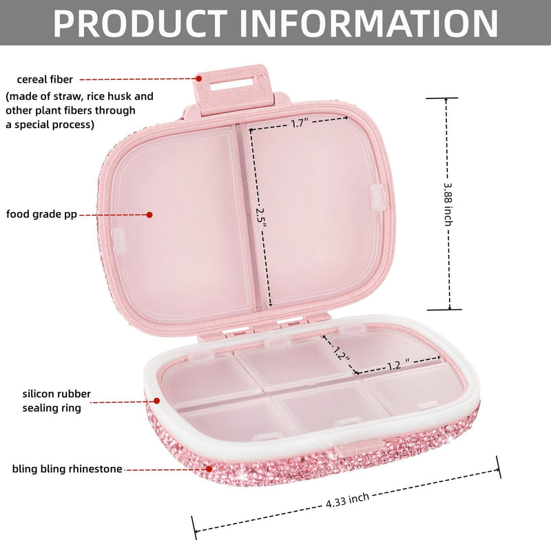 Cute Pill Organizer Small Bling Pill Case for Purse Medicine Vitamin Container Holder Daily Pill Box Container for Women Travel Medicine Kit(Pink) Pink