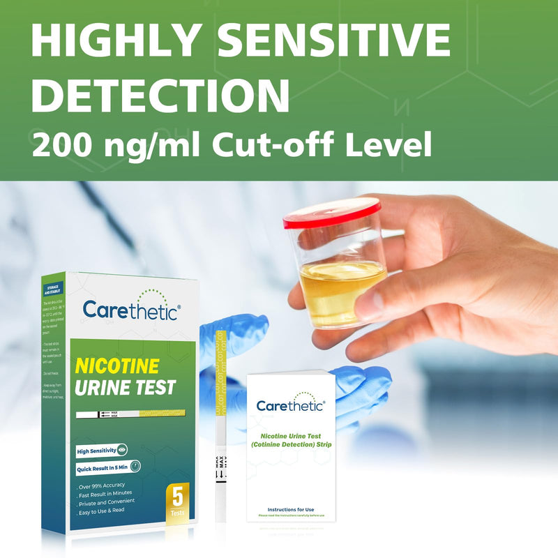 Carethetic Nicotine Testing kit at Home - Highly Sensitive Nicotine Cotinine Tobacco Urine Test Strips Detection at 200 ng/ml - Accurate Rapid Nicotine Urine Test Kit [5 Pack]