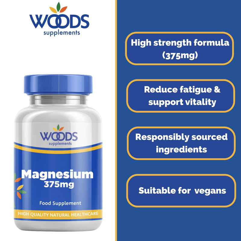 Woods Supplements - 375mg High Strength Magnesium Citrate 60x Vegan Tablets. High Absorption Magnesium Mineral Complex for Energy Production, Muscles, Nervous System & Heart Health 60