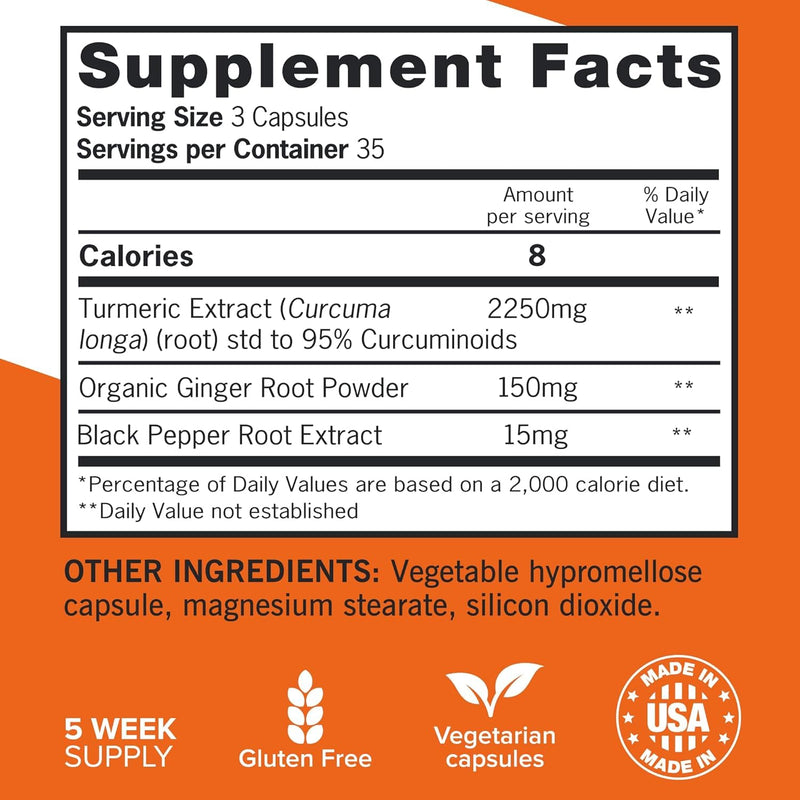 Turmeric Curcumin with Black Pepper & Ginger, 2400mg Turmeric Extract with 95% Curcuminoids, Extra Strength Supplement, 105 Count (Pack of 1)