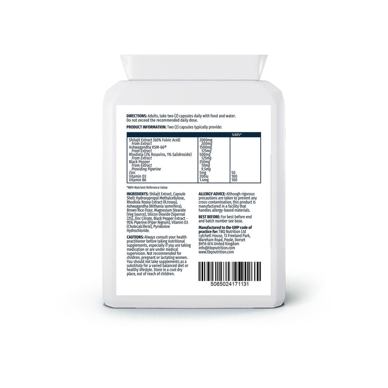 Shilajit 2000mg Adaptogen Complex with Ashwagandha, Rhodiola, Zinc, B6 & D3 | 90 Capsules | UK-Manufactured