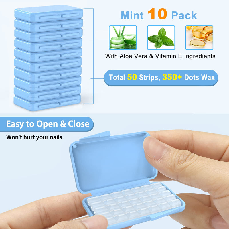 [Australia] - Braces Wax, 10 Pack 50 Precut Wax Strips 350+ Dots, Blue Cases. Includes Storage Box & 2 Applicator Tools, Food-Grade Premium Dental Wax for Braces & Aligners- Stick Better (Mint+Aloe Vera +Vitamin E) 